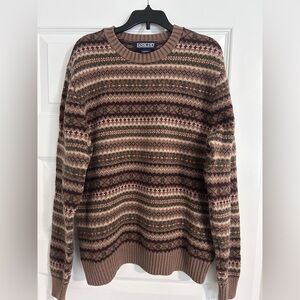 Lands' End Men's Brown and Tan Patterned Crewneck Sweater